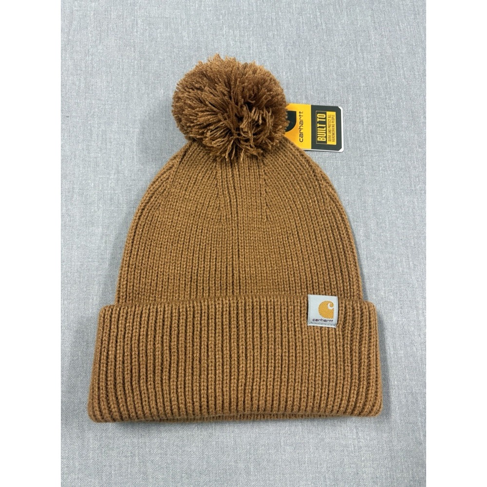 Carhartt Women's Knit Pom-Pom Cuffed Beanie Classic Brown One Size NEW NWT